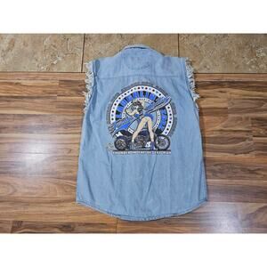 Vintage Laughlin 2002 Denim Pin Up Graphic Blue T-shirt Sz M NY Cargo Brand Y2K